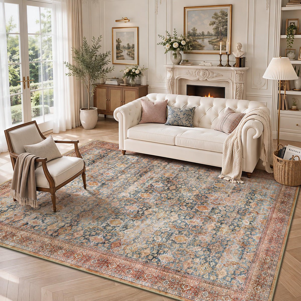 8x10 Area Rugs for Living Room - Washable Vintage Retro Large Rug, Soft Ultra Thin Non Slip Low Pile Traditional Distressed Boho Carpet for Bedroom Dining Room Home Office, Charcoal Olive