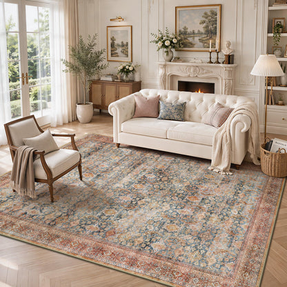 8x10 Area Rugs for Living Room - Washable Vintage Retro Large Rug, Soft Ultra Thin Non Slip Low Pile Traditional Distressed Boho Carpet for Bedroom Dining Room Home Office, Charcoal Olive