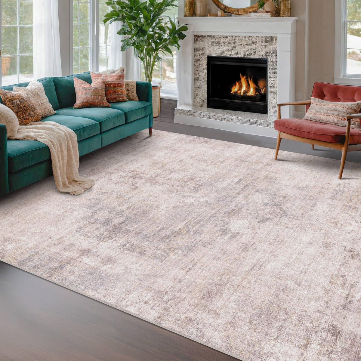 Farmhouse 8x10 Washable Area Rugs for Living Room, Neutral Taupe Brown Abstract Rug for Dining Room and Bedroom, Soft Foldable Low Pile Carpet, Stain Resistant Non-Slip Backing, Distressed Design