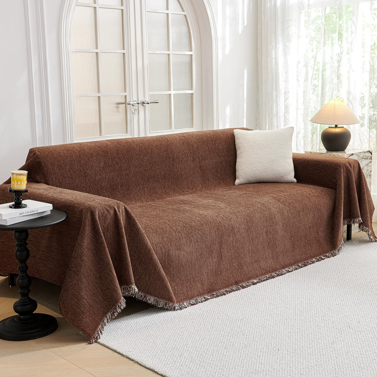 MYSKY HOME Sofa Covers for 2 Cushion Couch L Shaped Couch Cover Washable Couch Cover with Tassels Boho Couch Covers Non Slip Super Universal Soft Sofa Slipcover for Kids, Dogs, Pets, 71"x118", White