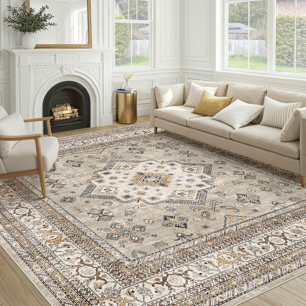 cotiled 9x12 Area Rug for Living Room, Washable, Traditional, Beige