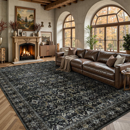 8x10 Area Rugs for Living Room - Washable Vintage Retro Large Rug, Soft Ultra Thin Non Slip Low Pile Traditional Distressed Boho Carpet for Bedroom Dining Room Home Office, Charcoal Olive