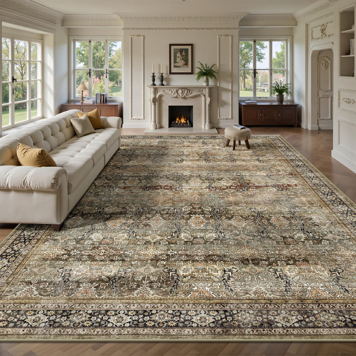 8x10 Area Rugs for Living Room - Washable Vintage Retro Large Rug, Soft Ultra Thin Non Slip Low Pile Traditional Distressed Boho Carpet for Bedroom Dining Room Home Office, Charcoal Olive