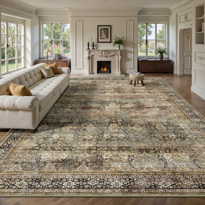 8x10 Area Rugs for Living Room - Washable Vintage Retro Large Rug, Soft Ultra Thin Non Slip Low Pile Traditional Distressed Boho Carpet for Bedroom Dining Room Home Office, Charcoal Olive
