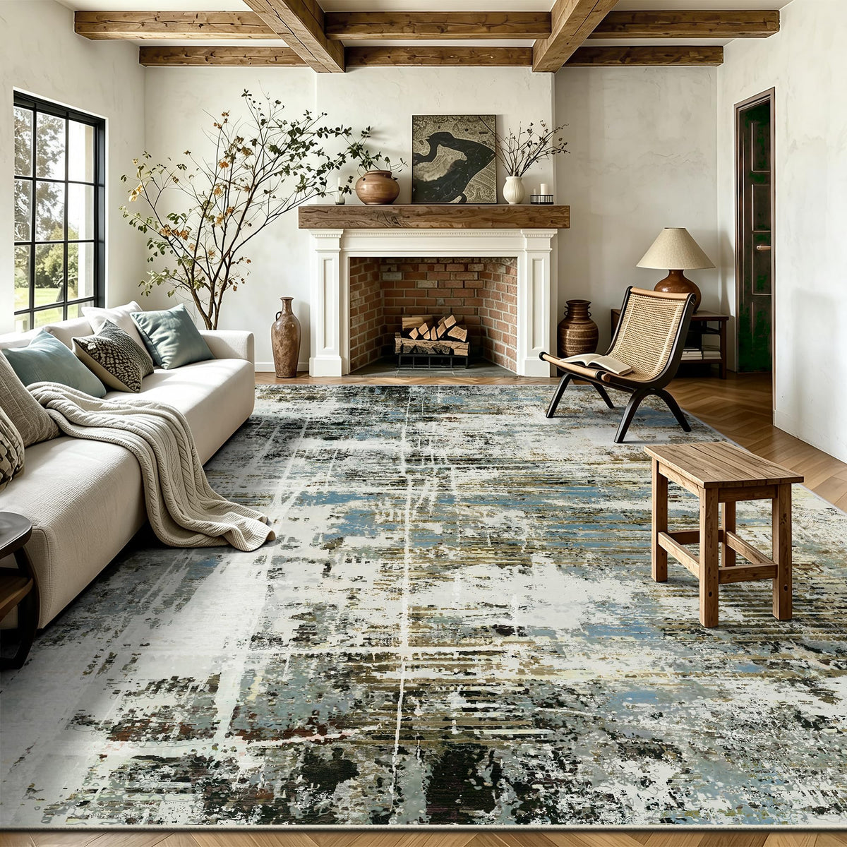 8x10 Area Rugs, Abstract Morden Soft Washable Rug, Non-Slip Low Pile Rugs for Living Room, Bedroom, Dining Room, Home, Office(Ocean Blue)