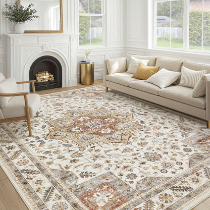 cotiled 9x12 Area Rug for Living Room, Washable, Traditional, Beige