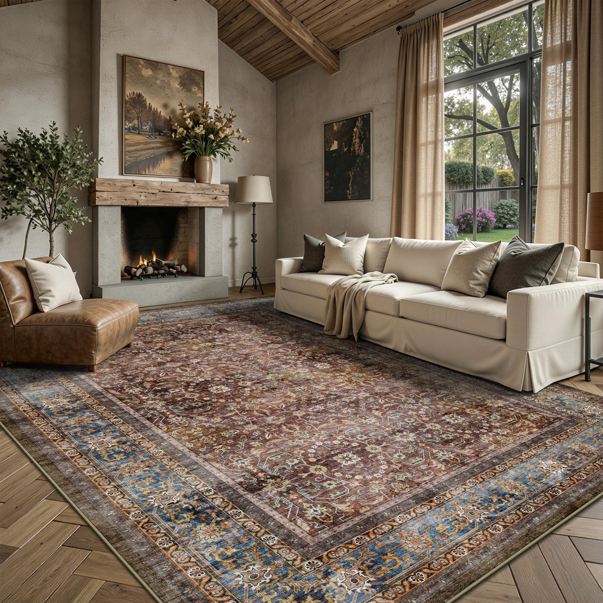 8x10 Area Rugs for Living Room - Washable Vintage Retro Large Rug, Soft Ultra Thin Non Slip Low Pile Traditional Distressed Boho Carpet for Bedroom Dining Room Home Office, Charcoal Olive