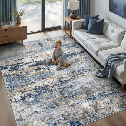 pmtsns Area Rugs 8x10 for Living Room: Washable Rug Modern Abstract Neutral Soft Non-Slip Low-Pile Indoor Large Carpet for Bedroom Dining Room Playroom Home Office (Blue Grey Brown, 8'x10')