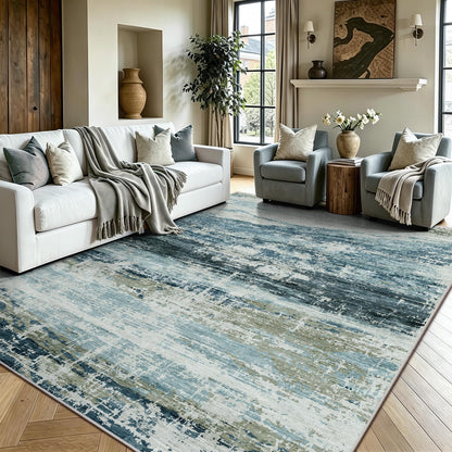8x10 Area Rugs, Abstract Morden Soft Washable Rug, Non-Slip Low Pile Rugs for Living Room, Bedroom, Dining Room, Home, Office(Ocean Blue)