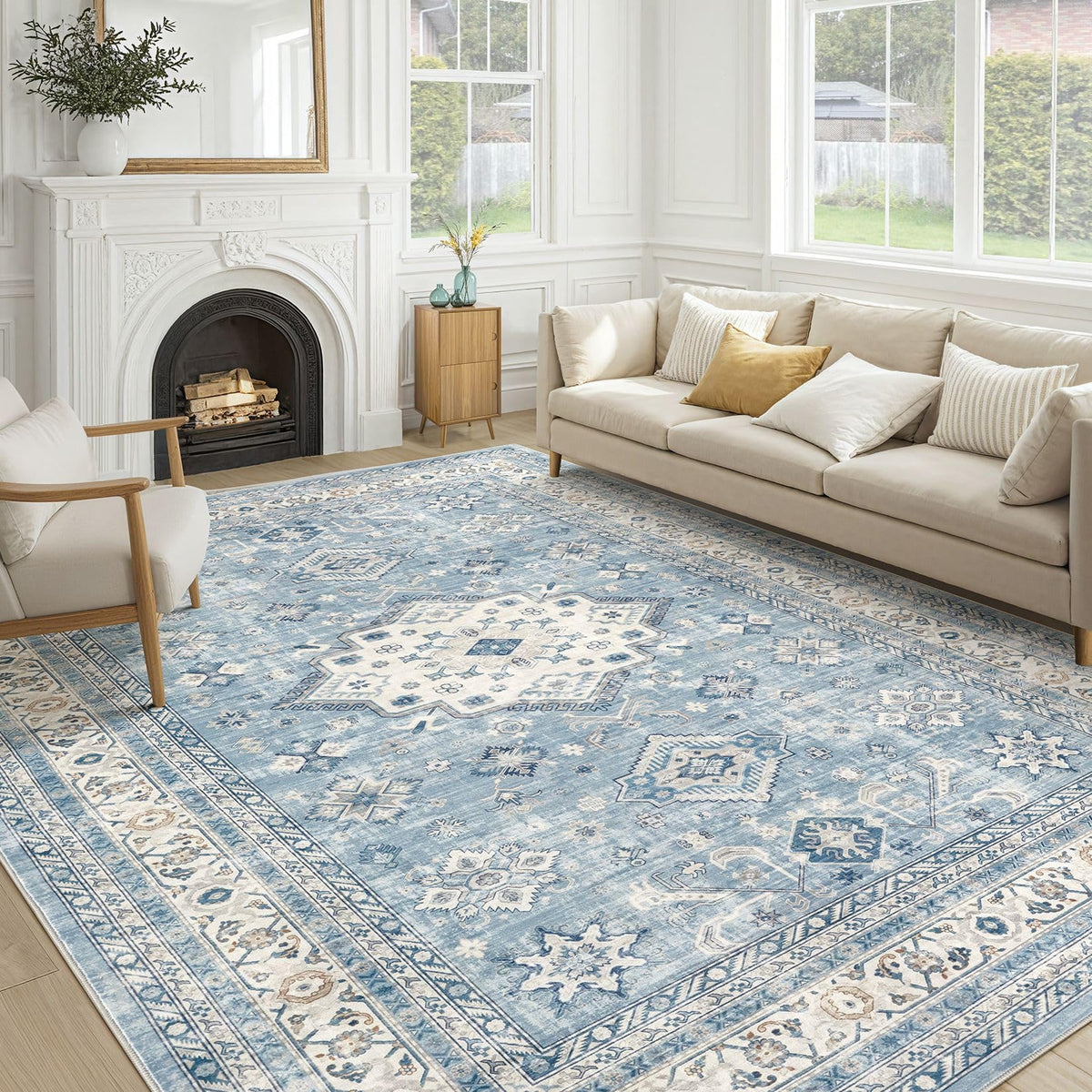 cotiled 9x12 Area Rug for Living Room, Washable, Traditional, Beige