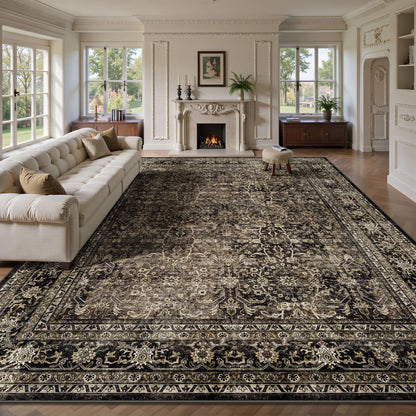 8x10 Area Rugs for Living Room - Washable Vintage Retro Large Rug, Soft Ultra Thin Non Slip Low Pile Traditional Distressed Boho Carpet for Bedroom Dining Room Home Office, Charcoal Olive