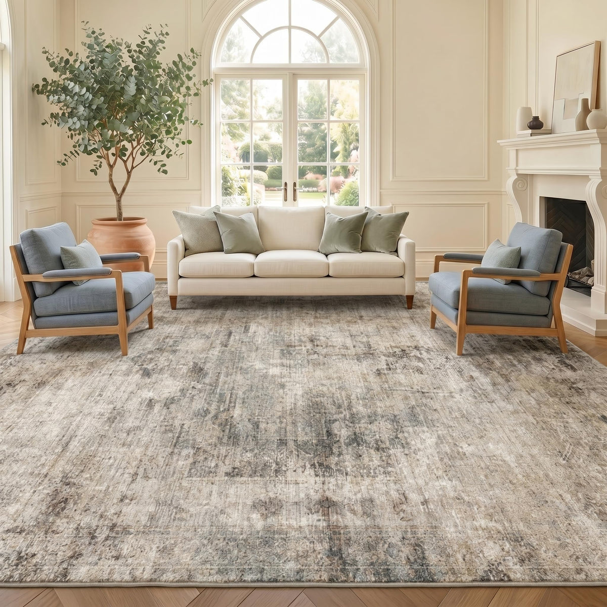 Farmhouse 8x10 Washable Area Rugs for Living Room, Neutral Taupe Brown Abstract Rug for Dining Room and Bedroom, Soft Foldable Low Pile Carpet, Stain Resistant Non-Slip Backing, Distressed Design