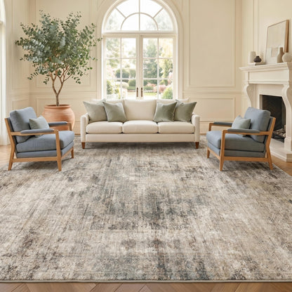 Farmhouse 8x10 Washable Area Rugs for Living Room, Neutral Taupe Brown Abstract Rug for Dining Room and Bedroom, Soft Foldable Low Pile Carpet, Stain Resistant Non-Slip Backing, Distressed Design