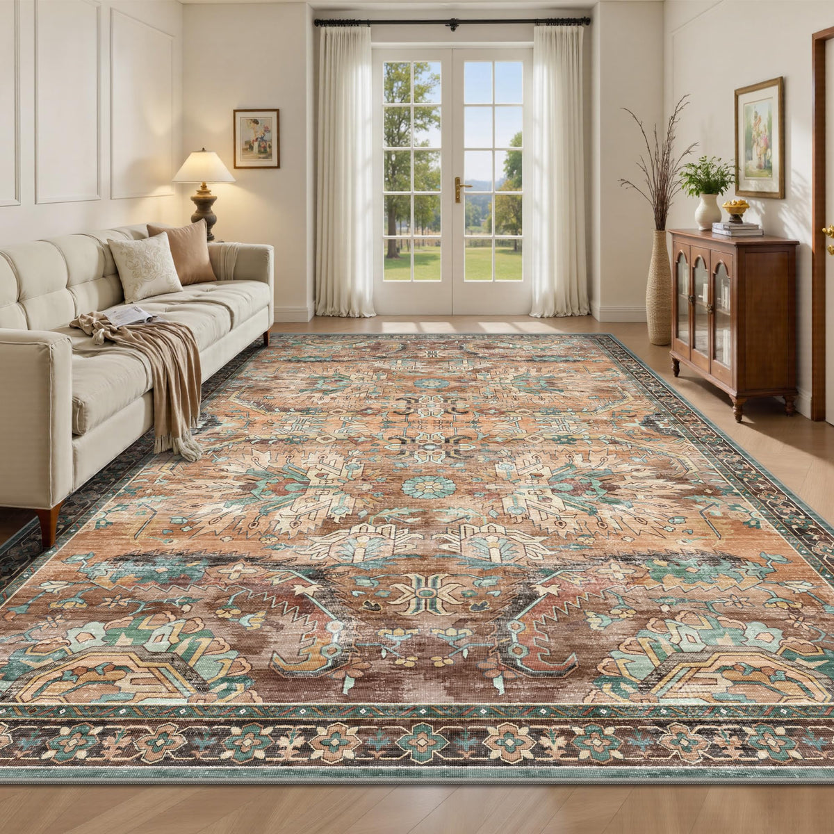 8x10 Area Rugs for Living Room - Washable Vintage Retro Large Rug, Soft Ultra Thin Non Slip Low Pile Traditional Distressed Boho Carpet for Bedroom Dining Room Home Office, Charcoal Olive