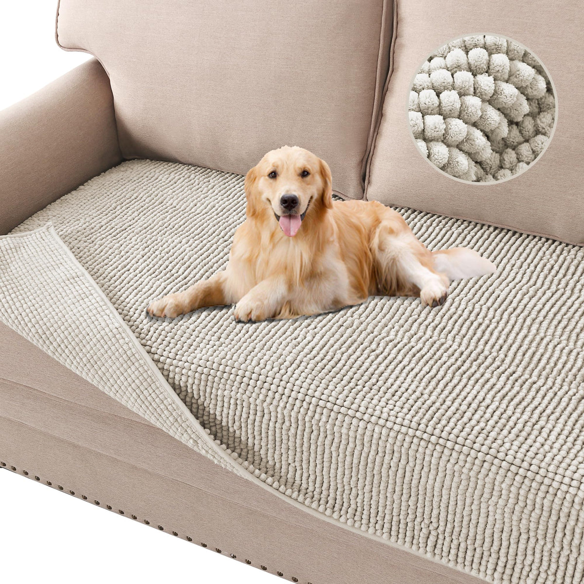H.VERSAILTEX Plush Chenille Dog Bed Cover Thick Soft Sofa Cover for 3 Cushion Couch Anti Slip Couch Cover Furniture Protector for Dog, Pet, Cat (35" x 82", Ivory)