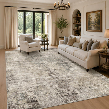 Farmhouse 8x10 Washable Area Rugs for Living Room, Neutral Taupe Brown Abstract Rug for Dining Room and Bedroom, Soft Foldable Low Pile Carpet, Stain Resistant Non-Slip Backing, Distressed Design