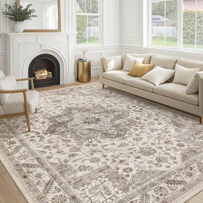 cotiled 9x12 Area Rug for Living Room, Washable, Traditional, Beige