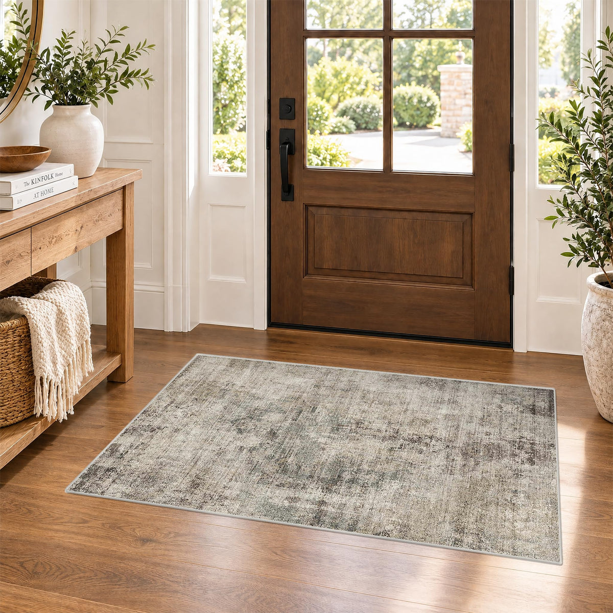 Farmhouse 8x10 Washable Area Rugs for Living Room, Neutral Taupe Brown Abstract Rug for Dining Room and Bedroom, Soft Foldable Low Pile Carpet, Stain Resistant Non-Slip Backing, Distressed Design