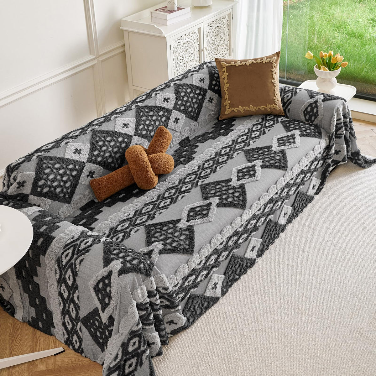 HANDONTIME Green Sofa Cover Vintage Couch Cover for Dogs 91" X150" Couch Cushion Covers with Tassel Herringbone Sofa Cover Boho Sofa Covers for 3 Cushion Couch Chenille Soft Loveseat Sofa Covers