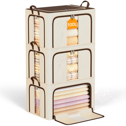 Clothes Storage Bins with Metal Frame, Foldable Clothes Organizers Storage Containers for Clothes, Sheets, Blankets, Pillows and Towels (24L, 3 Pack) Beige