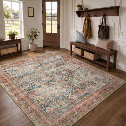 8x10 Area Rugs for Living Room - Washable Vintage Retro Large Rug, Soft Ultra Thin Non Slip Low Pile Traditional Distressed Boho Carpet for Bedroom Dining Room Home Office, Charcoal Olive