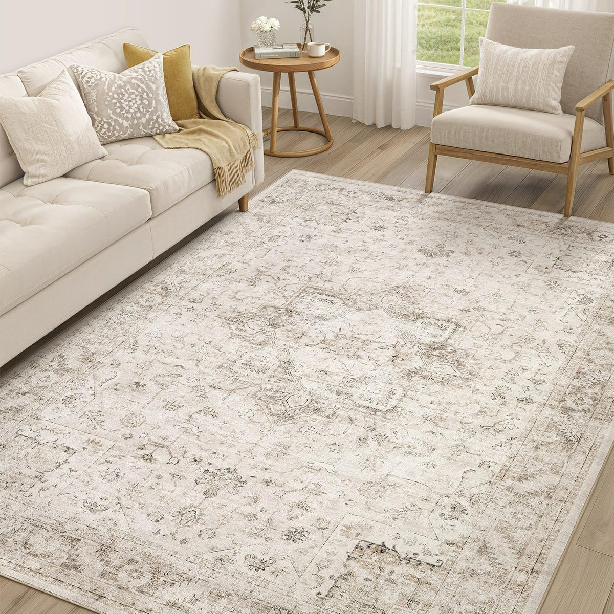 cotiled 9x12 Area Rug for Living Room, Washable, Traditional, Beige