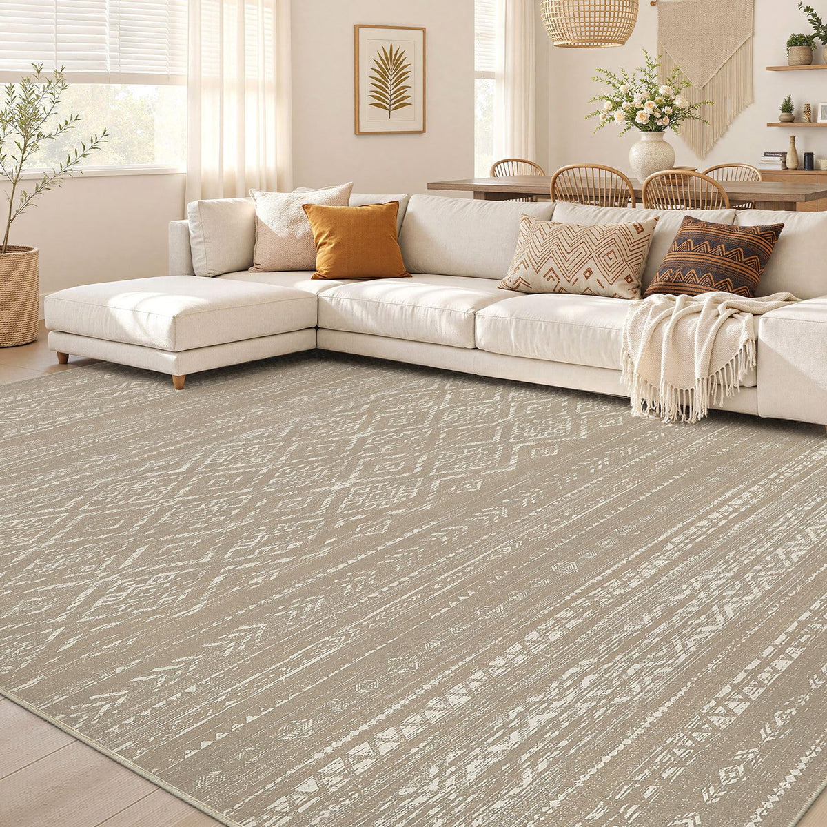Nakagishi 10X14 Area Rugs for Living Room: Washable Modern Abstract Rug with Non-Slip Silicone Backing Low Pile Soft Carpet for Bedroom & Dining Decor Ideal for Families with Kids and Pets-Brown