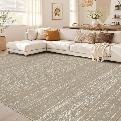 Nakagishi 10X14 Area Rugs for Living Room: Washable Modern Abstract Rug with Non-Slip Silicone Backing Low Pile Soft Carpet for Bedroom & Dining Decor Ideal for Families with Kids and Pets-Brown