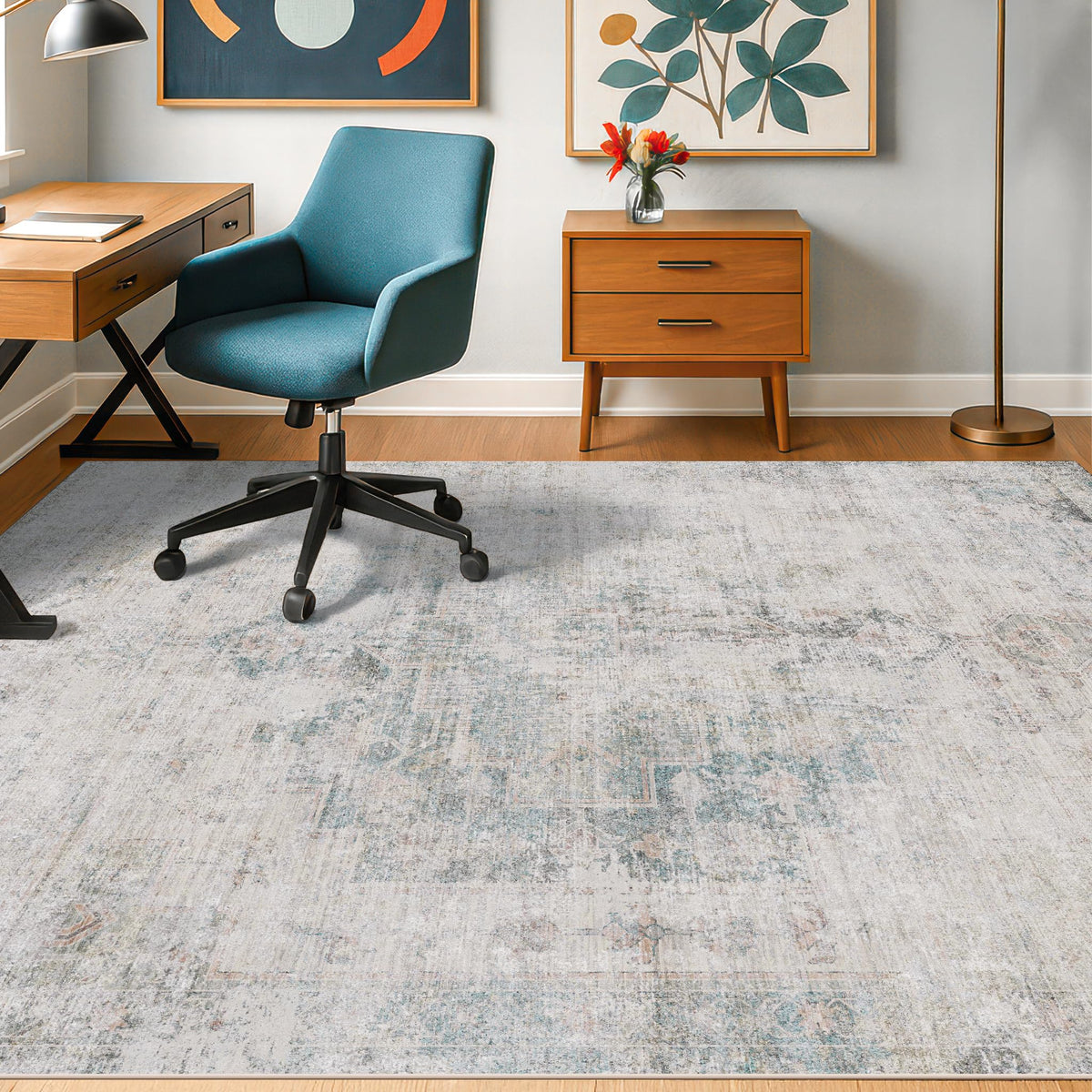 Farmhouse 8x10 Washable Area Rugs for Living Room, Neutral Taupe Brown Abstract Rug for Dining Room and Bedroom, Soft Foldable Low Pile Carpet, Stain Resistant Non-Slip Backing, Distressed Design