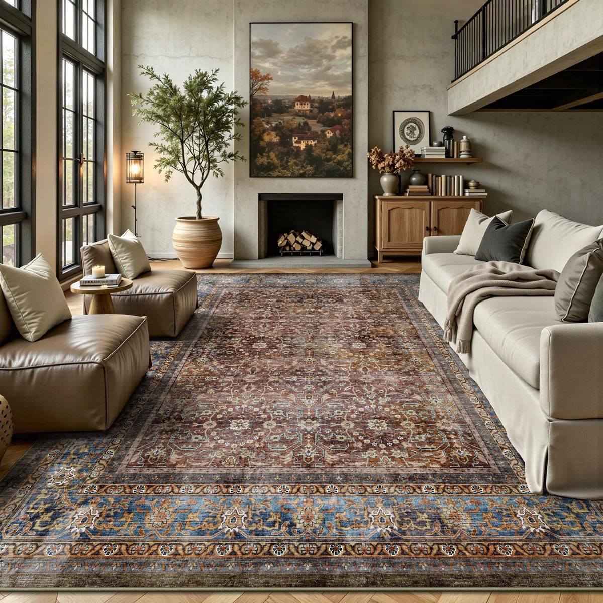 8x10 Area Rugs for Living Room - Washable Vintage Retro Large Rug, Soft Ultra Thin Non Slip Low Pile Traditional Distressed Boho Carpet for Bedroom Dining Room Home Office, Charcoal Olive