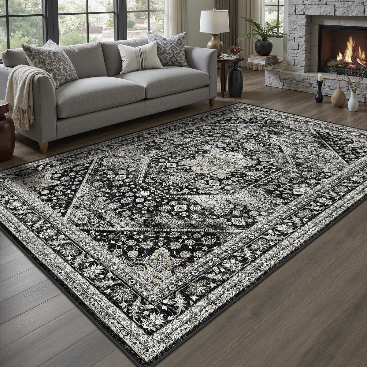 DCX 8x10 Area Rug Living Room: Washable Botanical Carpet Blue and Green