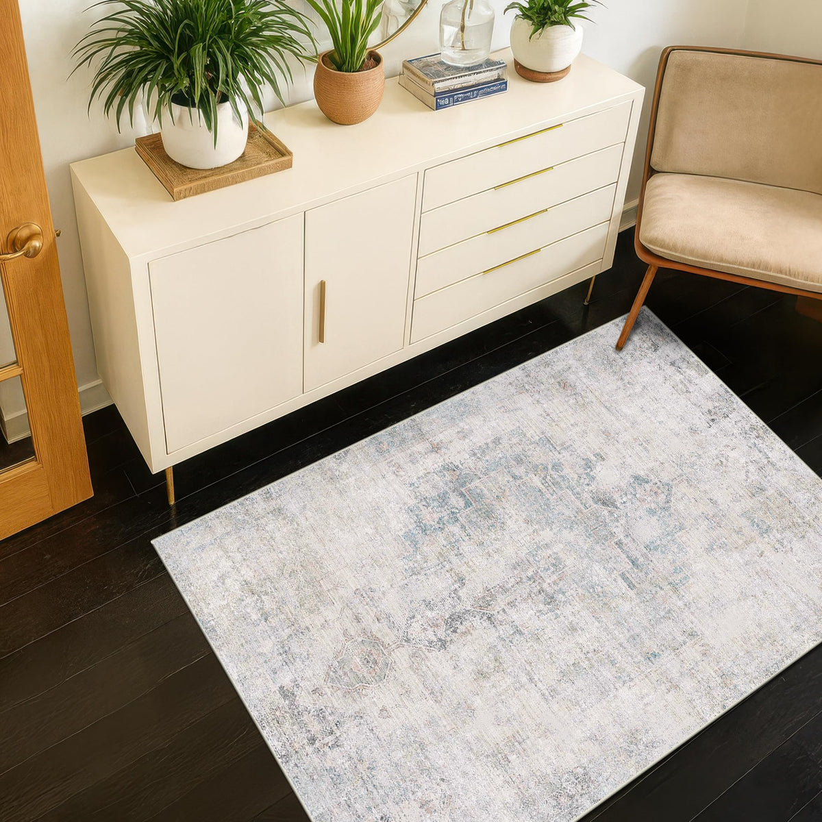 Farmhouse 8x10 Washable Area Rugs for Living Room, Neutral Taupe Brown Abstract Rug for Dining Room and Bedroom, Soft Foldable Low Pile Carpet, Stain Resistant Non-Slip Backing, Distressed Design