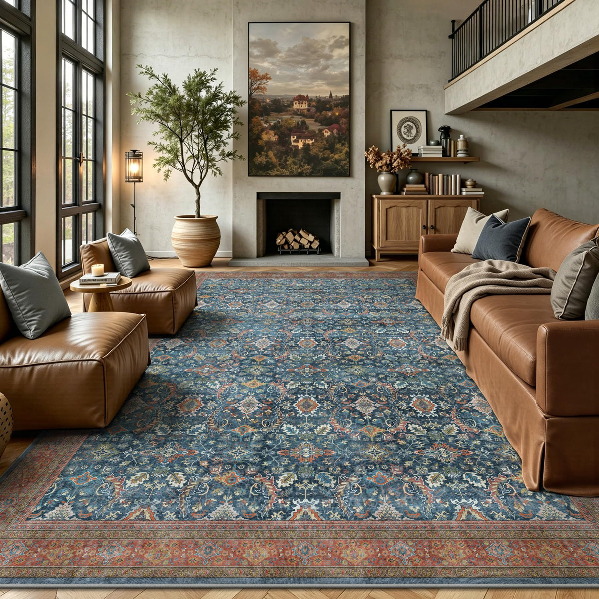 8x10 Area Rugs for Living Room - Washable Vintage Retro Large Rug, Soft Ultra Thin Non Slip Low Pile Traditional Distressed Boho Carpet for Bedroom Dining Room Home Office, Charcoal Olive