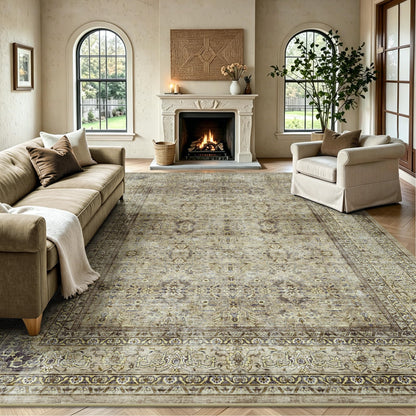 8x10 Area Rugs for Living Room - Washable Vintage Retro Large Rug, Soft Ultra Thin Non Slip Low Pile Traditional Distressed Boho Carpet for Bedroom Dining Room Home Office, Charcoal Olive