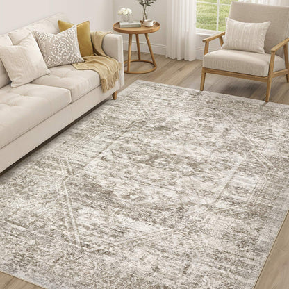cotiled 9x12 Area Rug for Living Room, Washable, Traditional, Beige