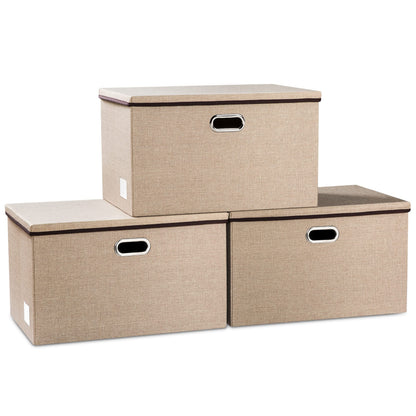 PRANDOM Large Collapsible Storage Bins with Lids [3-Pack] Linen/Cotton Blend Foldable Storage Boxes Organizer Containers Baskets Cube with Cover for Home Bedroom Closet Office Nursery(17.7x11.8x11.8)