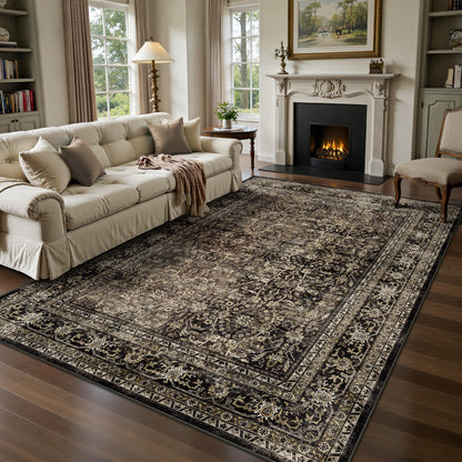 8x10 Area Rugs for Living Room - Washable Vintage Retro Large Rug, Soft Ultra Thin Non Slip Low Pile Traditional Distressed Boho Carpet for Bedroom Dining Room Home Office, Charcoal Olive