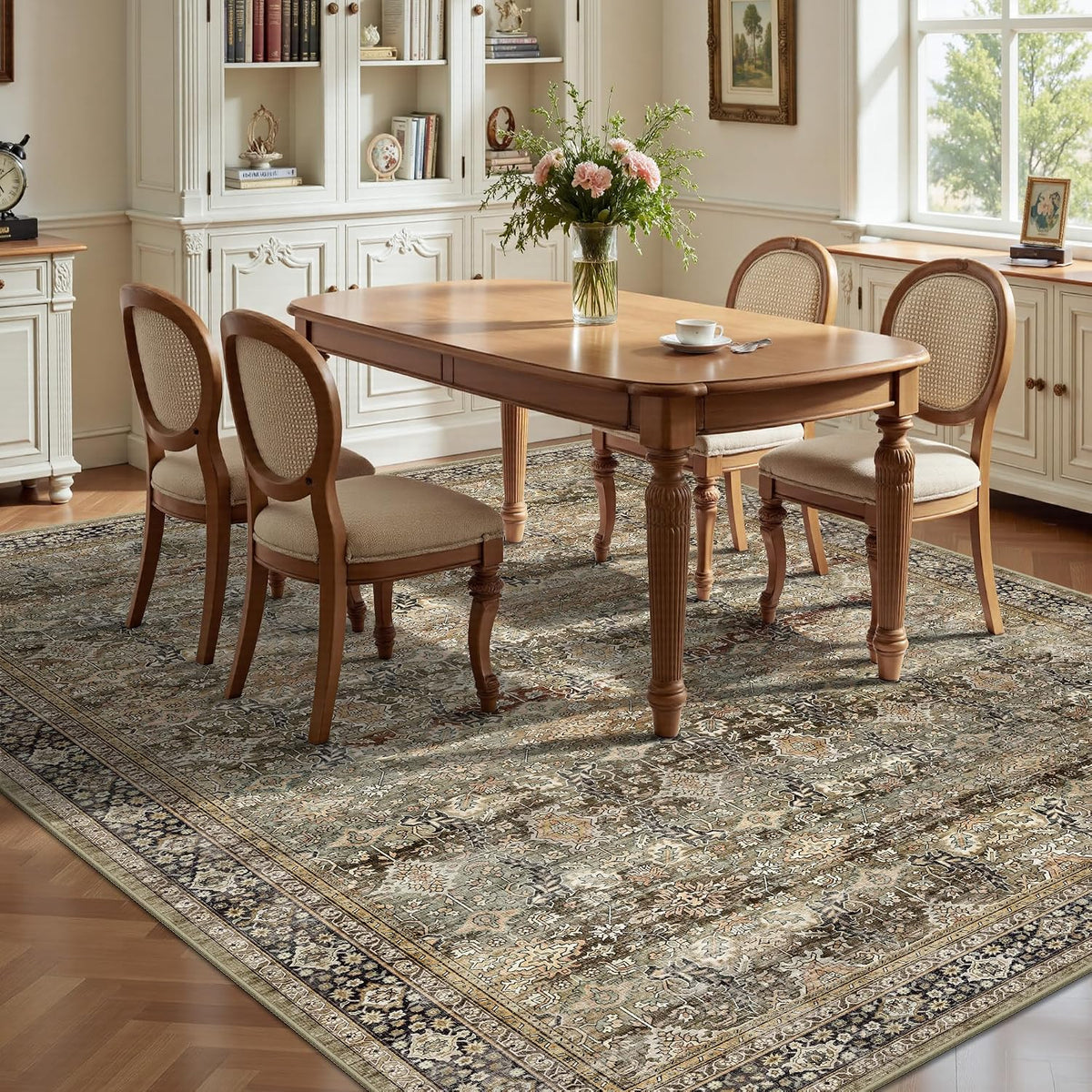 8x10 Area Rugs for Living Room - Washable Vintage Retro Large Rug, Soft Ultra Thin Non Slip Low Pile Traditional Distressed Boho Carpet for Bedroom Dining Room Home Office, Charcoal Olive