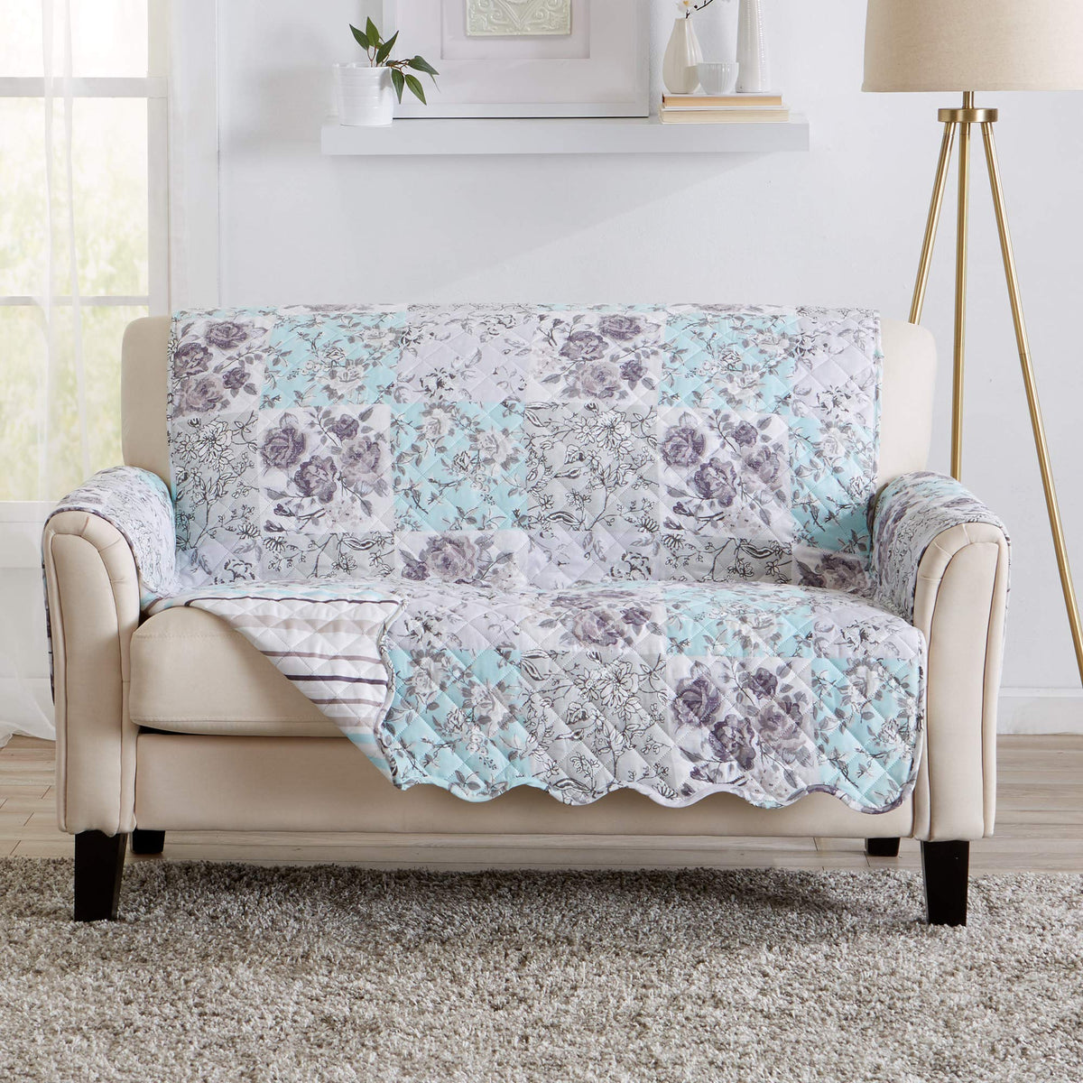 Great Bay Home Reversible Patchwork Sofa Cover - Washable Slipcover Furniture Protector with Elastic Straps - Perfect for Kids & Pets - Box-Stitched Detail (Taupe)