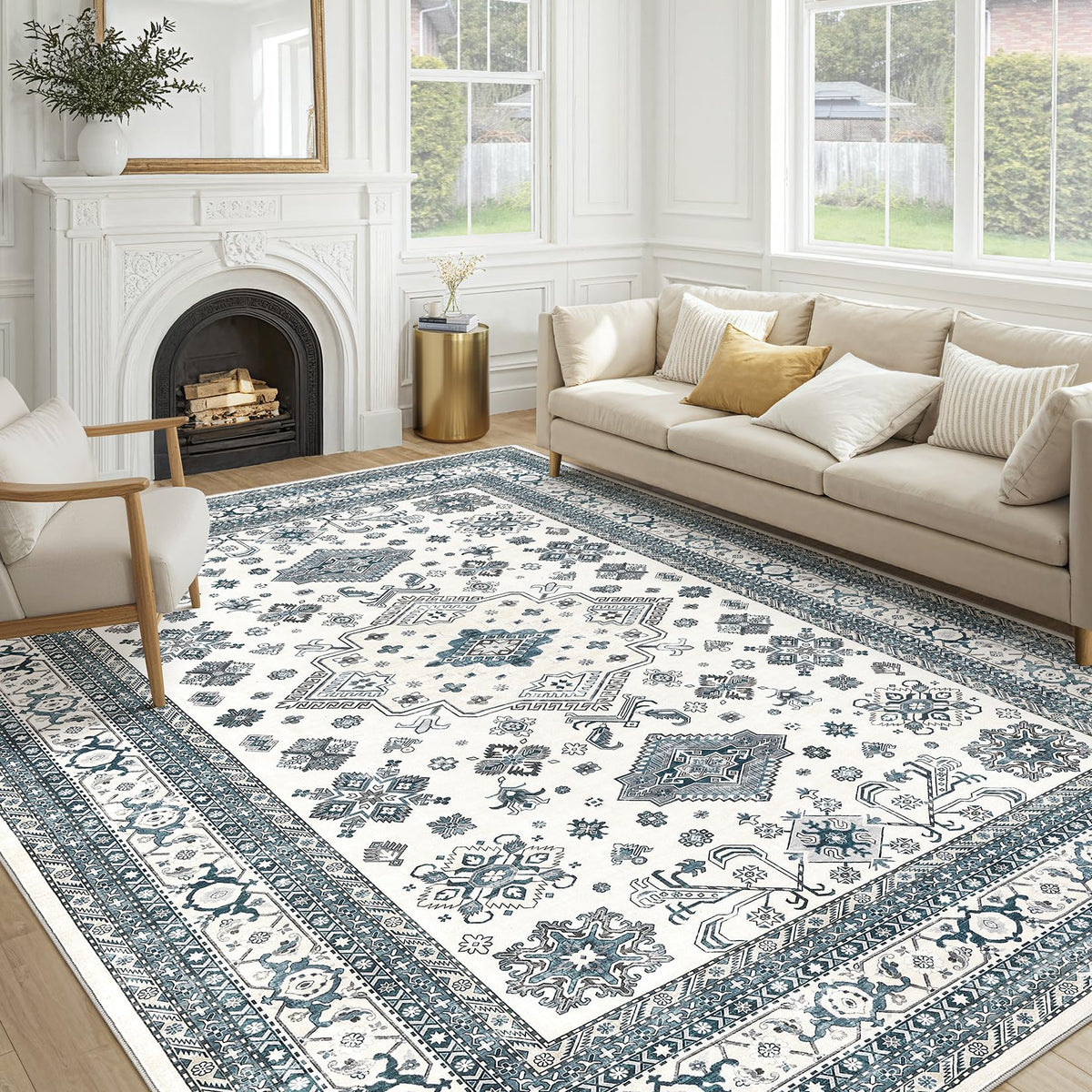 cotiled 9x12 Area Rug for Living Room, Washable, Traditional, Beige