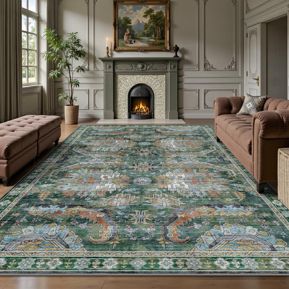 8x10 Area Rugs for Living Room - Washable Vintage Retro Large Rug, Soft Ultra Thin Non Slip Low Pile Traditional Distressed Boho Carpet for Bedroom Dining Room Home Office, Charcoal Olive