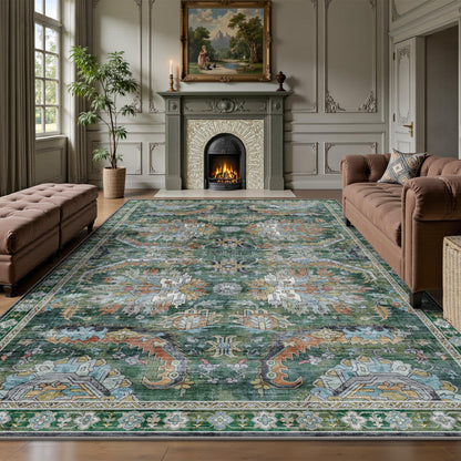 8x10 Area Rugs for Living Room - Washable Vintage Retro Large Rug, Soft Ultra Thin Non Slip Low Pile Traditional Distressed Boho Carpet for Bedroom Dining Room Home Office, Charcoal Olive
