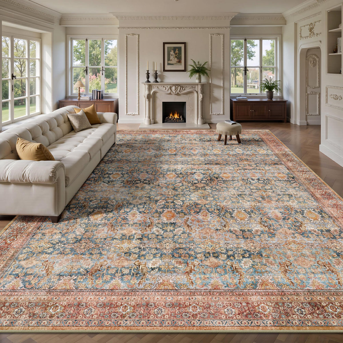 8x10 Area Rugs for Living Room - Washable Vintage Retro Large Rug, Soft Ultra Thin Non Slip Low Pile Traditional Distressed Boho Carpet for Bedroom Dining Room Home Office, Charcoal Olive