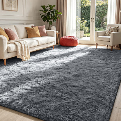 Beige 8x10 Area Rugs for Living Room, Fluffy Shag Rug Large Bedroom Carpet