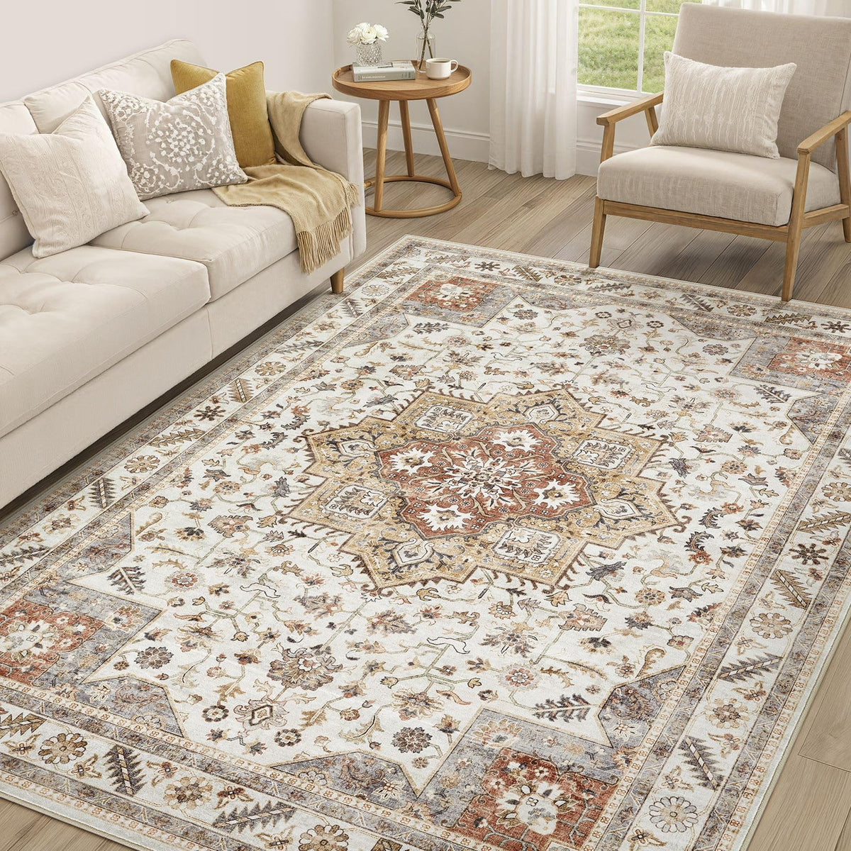 cotiled 9x12 Area Rug for Living Room, Washable, Traditional, Beige