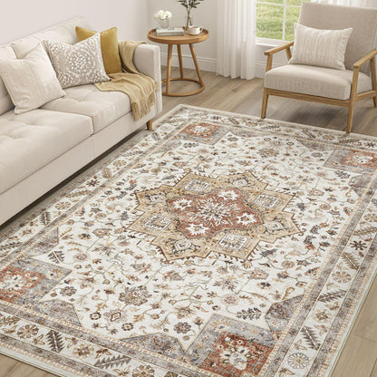 cotiled 9x12 Area Rug for Living Room, Washable, Traditional, Beige