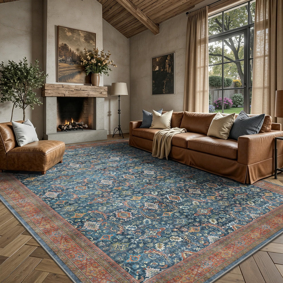 8x10 Area Rugs for Living Room - Washable Vintage Retro Large Rug, Soft Ultra Thin Non Slip Low Pile Traditional Distressed Boho Carpet for Bedroom Dining Room Home Office, Charcoal Olive