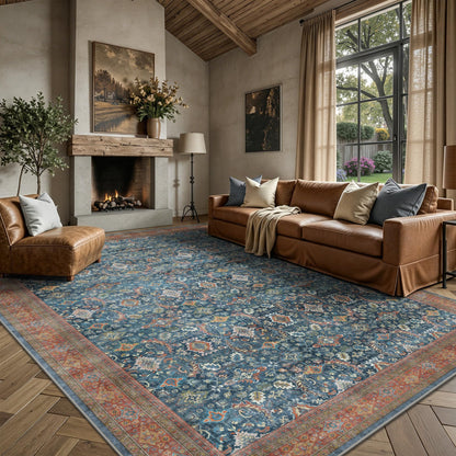 8x10 Area Rugs for Living Room - Washable Vintage Retro Large Rug, Soft Ultra Thin Non Slip Low Pile Traditional Distressed Boho Carpet for Bedroom Dining Room Home Office, Charcoal Olive
