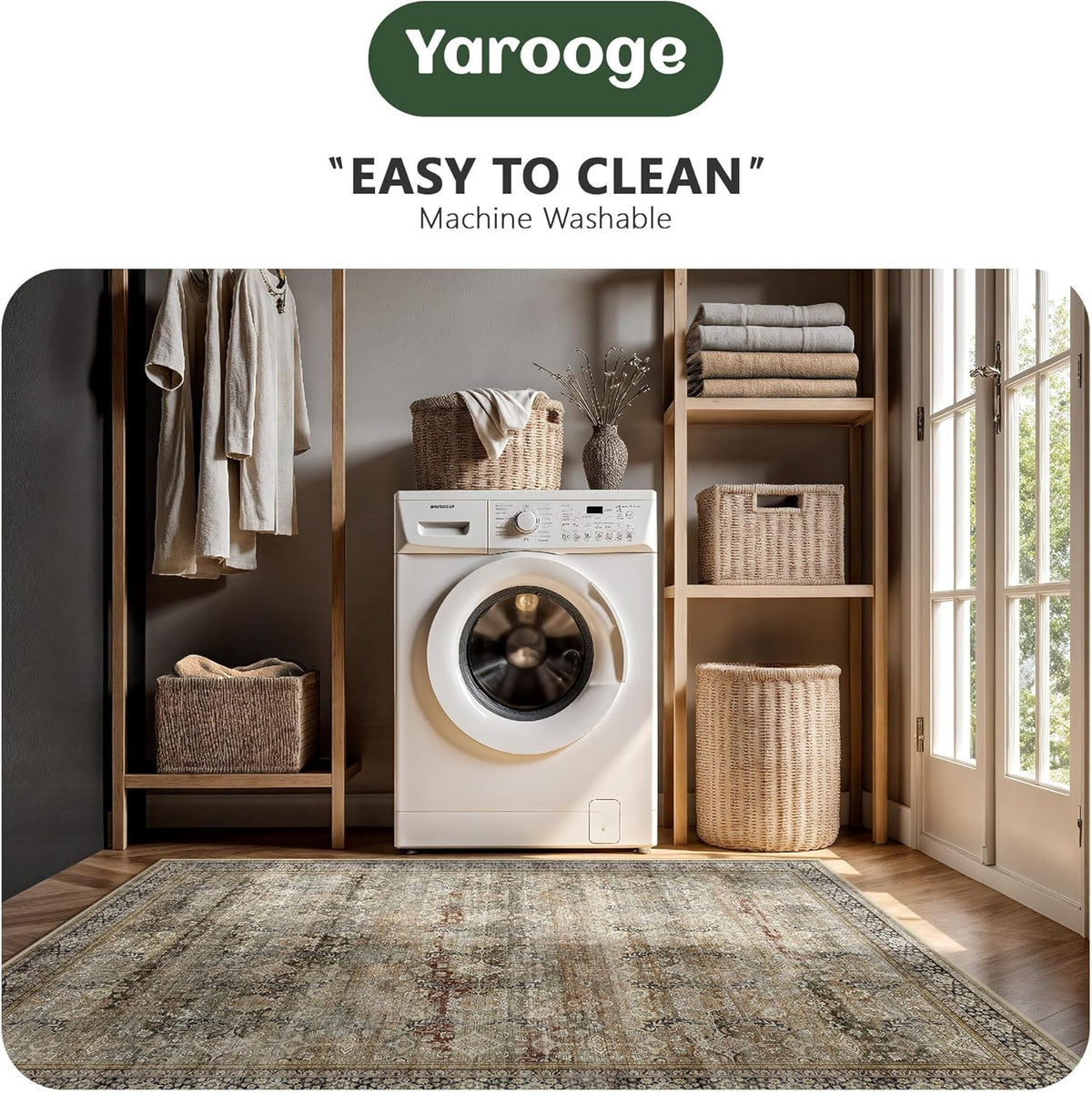 8x10 Area Rugs for Living Room - Washable Vintage Retro Large Rug, Soft Ultra Thin Non Slip Low Pile Traditional Distressed Boho Carpet for Bedroom Dining Room Home Office, Charcoal Olive
