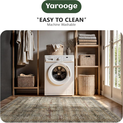 8x10 Area Rugs for Living Room - Washable Vintage Retro Large Rug, Soft Ultra Thin Non Slip Low Pile Traditional Distressed Boho Carpet for Bedroom Dining Room Home Office, Charcoal Olive